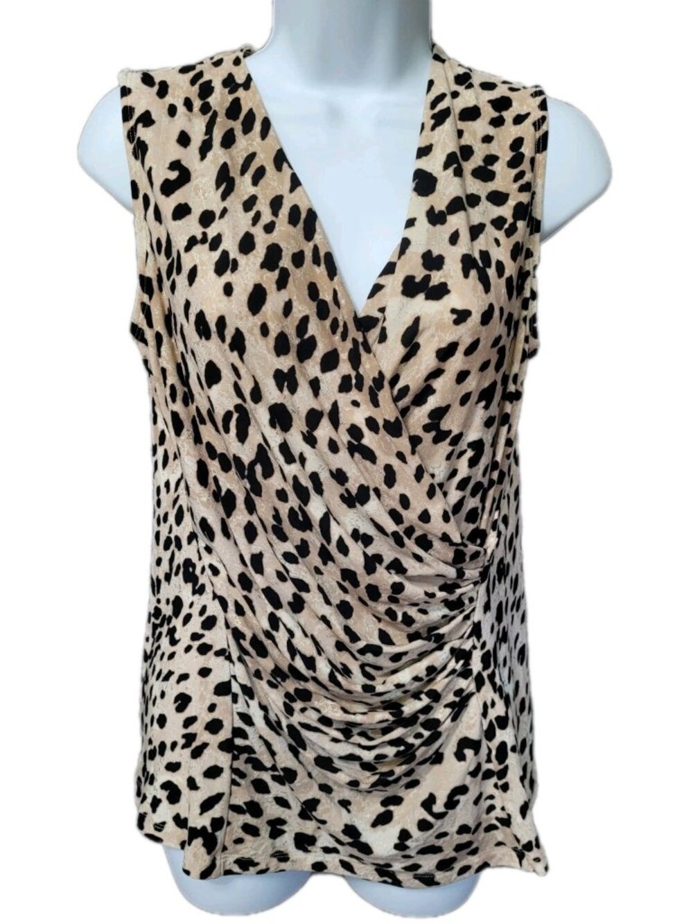 DKNY Animal Print Faux Wrap V-Neck Blouse Ruched Sleeveless Top Size M